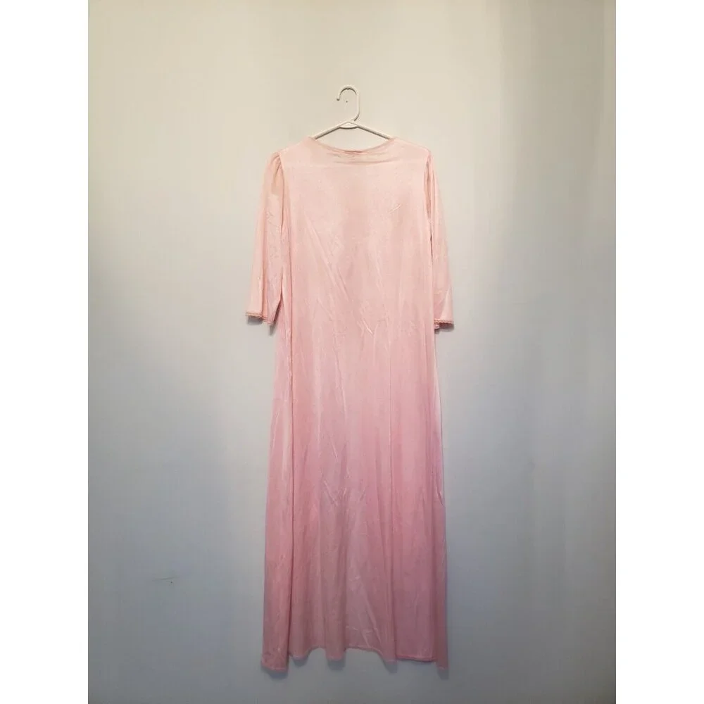 VTG 80s Vassarette Womens M Pegnoir Maxi Robe Pink Lace Open Front 3/4 Sleeve - Picture 2 of 6